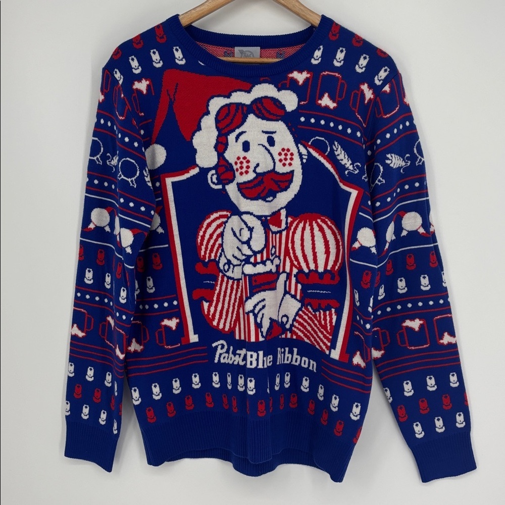 Pabst Blue Ribbon Holiday Ugly Christmas Sweater Mens Size Small Red Blue NWOT!